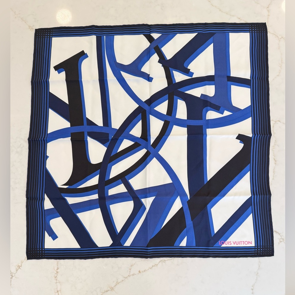 Louis Vuitton Silk Square Scarf Blue White Black LV Logo 65cm R99405